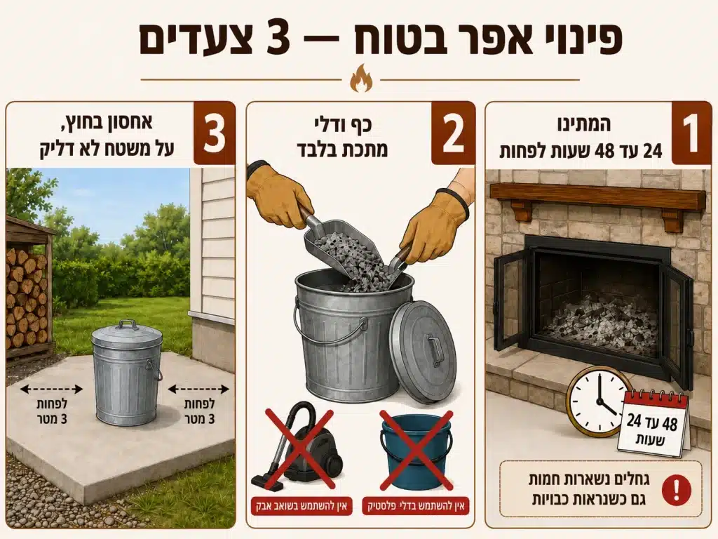 אינפוגרפיקה: פינוי אפר בטוח בשלושה צעדים — 1 המתנה של 24 עד 48 שעות לפחות כי גחלים נשארות חמות גם כשנראות כבויות, 2 גריפה בכף מתכת לדלי מתכת עם מכסה בלבד (לא שואב אבק ולא דלי פלסטיק), 3 אחסון בחוץ על משטח לא דליק במרחק 3 מטרים לפחות מהבית