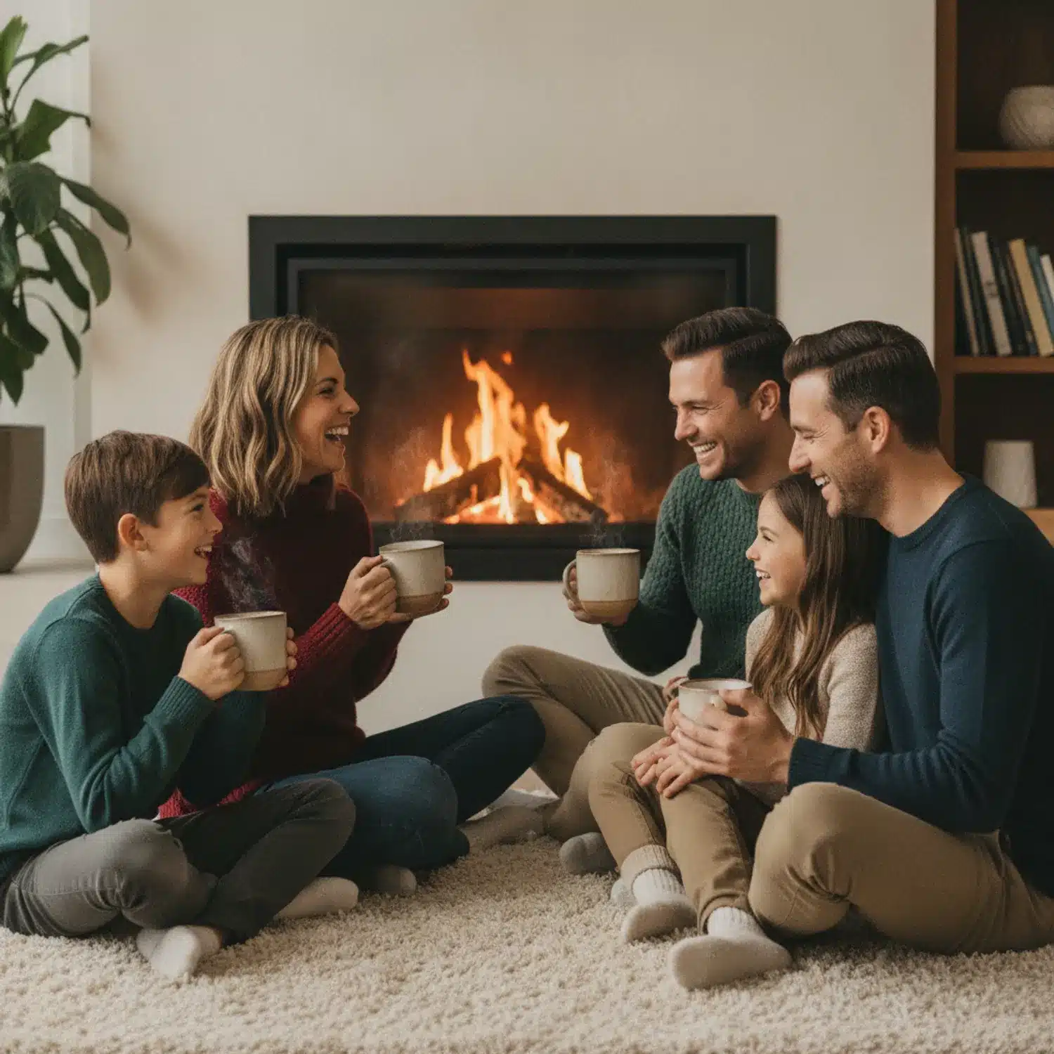 family-together-by-modern-fireplace