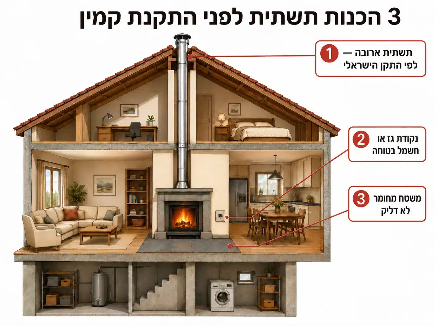 חתך של בית פרטי המציג את שלוש הכנות התשתית להתקנת קמין: תשתית ארובה לפי התקן הישראלי העוברת דרך הקומות אל מעל הגג, נקודת גז או חשמל בטוחה בקיר סמוך, ומשטח מחומר לא דליק לפני הקמין
