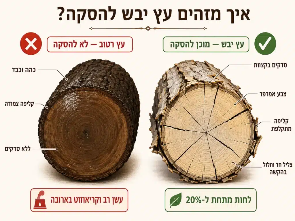 השוואה מתויגת של שני בולי עץ: עץ יבש המוכן להסקה עם סדקים בקצוות, צבע אפרפר, קליפה מתקלפת וצליל חד וחלול בהקשה (לחות מתחת ל-20%) — מול עץ רטוב שאסור להסיק בו: כהה וכבד, קליפה צמודה, ללא סדקים, גורם לעשן רב וקריאוזוט בארובה