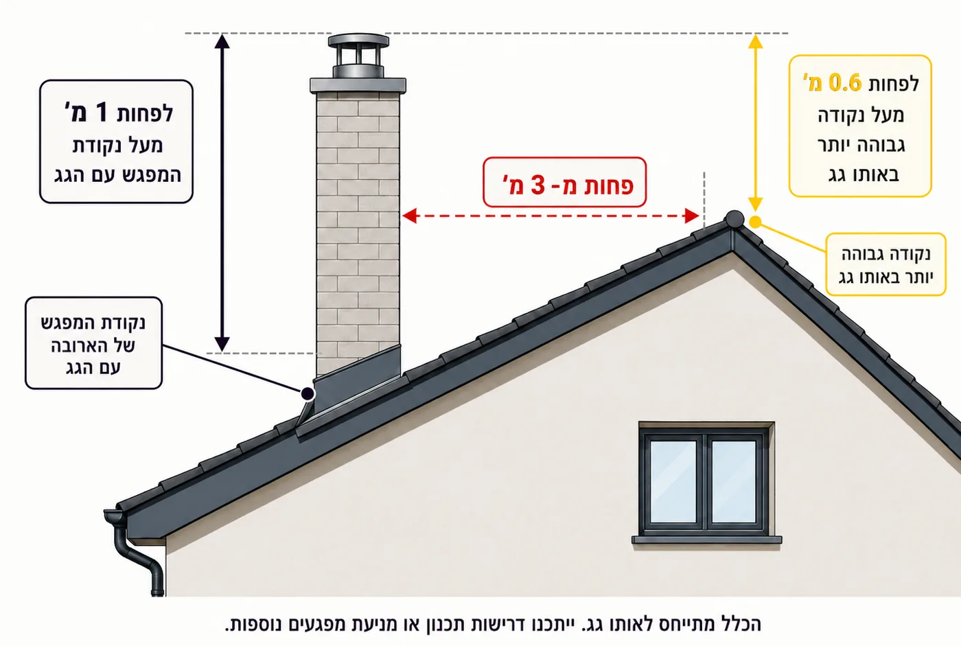 המחשת גובה ארובה בקמין המוסק בחומר מוצק: מטר מעל נקודת המפגש עם הגג ו-60 סנטימטר מעל נקודה גבוהה יותר במרחק קטן משלושה מטרים