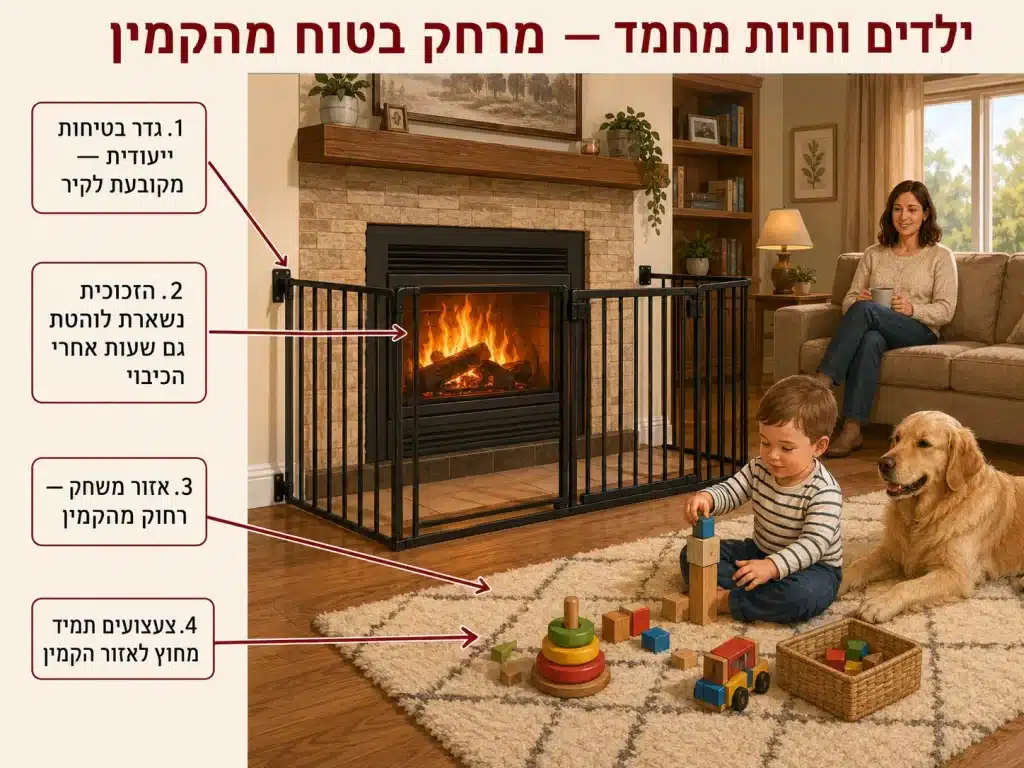 איור מתויג של סלון עם קמין: גדר בטיחות ייעודית המקובעת לקיר סביב הקמין, ילד וכלב משחקים על שטיח באזור משחק רחוק מהקמין, צעצועים מחוץ לאזור הקמין, ותזכורת שהזכוכית נשארת לוהטת גם שעות אחרי הכיבוי; הורה משגיח ברקע