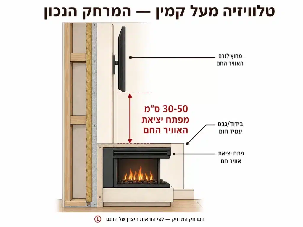 חתך טכני של קיר מדיה: קמין גז ליניארי מובנה, מעליו טלוויזיה התלויה מחוץ לזרם האוויר החם, עם סימון מרווח אנכי של 30-50 ס״מ מפתח יציאת האוויר החם, שכבת בידוד/גבס עמיד חום, והערה שהמרחק המדויק נקבע לפי הוראות היצרן