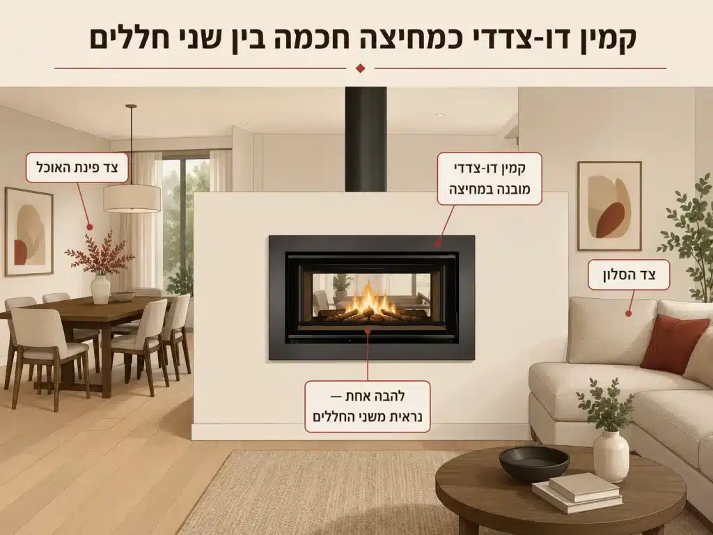 איור מתויג של קמין דו-צדדי מובנה במחיצה לבנה בין שני חללים: מימין הסלון עם ספה, משמאל פינת האוכל עם שולחן וכיסאות, ולהבה אחת שנראית משני הצדדים דרך זכוכית הקמין