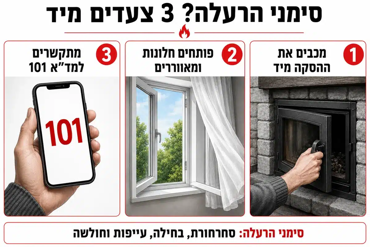 אינפוגרפיקה: סימני הרעלה? שלושה צעדים מיד. אחת: מכבים את ההסקה מיד. שתיים: פותחים חלונות ומאווררים. שלוש: מתקשרים למד״א 101.