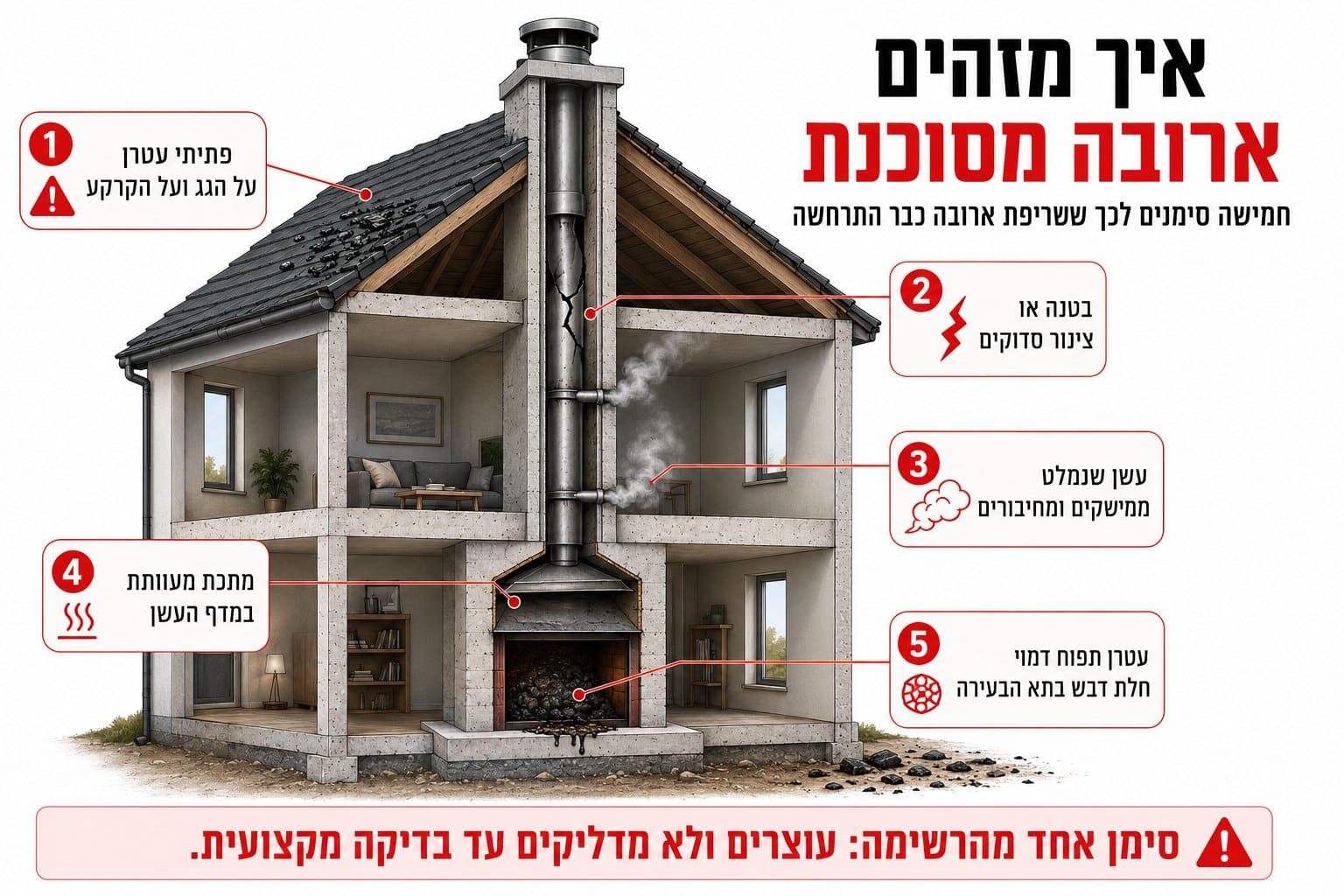 אינפוגרפיקה: איך מזהים ארובה מסוכנת. חתך בית עם חמישה סימנים ממוספרים ופס אזהרה: סימן אחד מהרשימה, עוצרים ולא מדליקים עד בדיקה מקצועית.