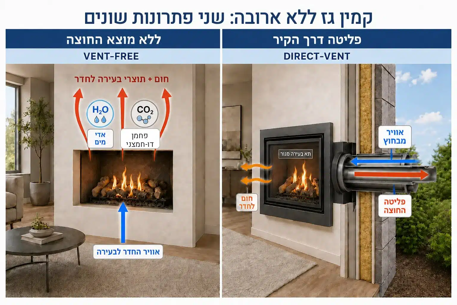אינפוגרפיקה: קמין גז ללא ארובה, שני פתרונות שונים. מימין ללא מוצא החוצה (vent-free), אוויר החדר נכנס לבעירה והחום ותוצרי הבעירה, אדי מים ופחמן דו-חמצני, נפלטים אל החדר. משמאל פליטה דרך הקיר (direct-vent), תא בעירה סגור, אוויר נשאב מבחוץ, תוצרי הבעירה יוצאים החוצה והחום נכנס לחדר.